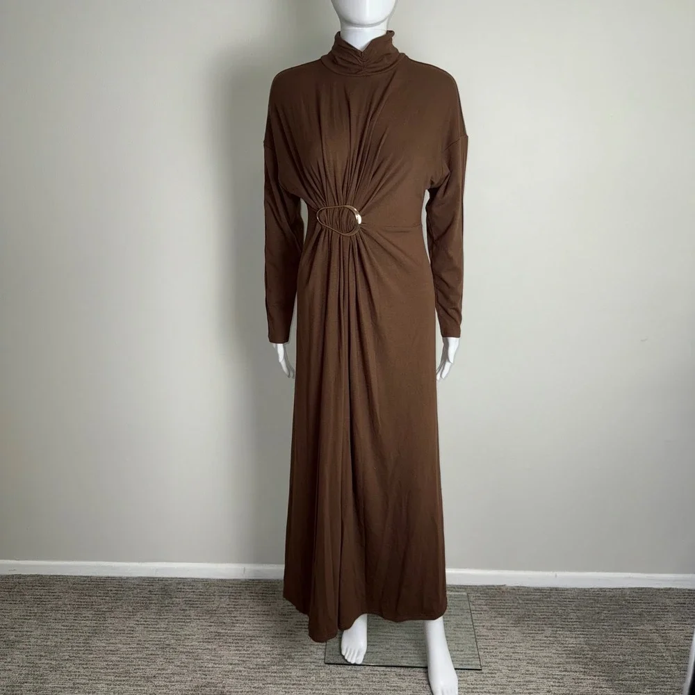 Commense Brown‎ Turtleneck Maxi Dress with Gold Ring Detail Long Sleeve Size M